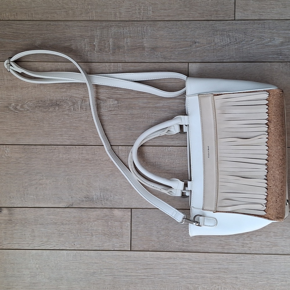 Pixie Mood White and Tan Fringe Tote Bag